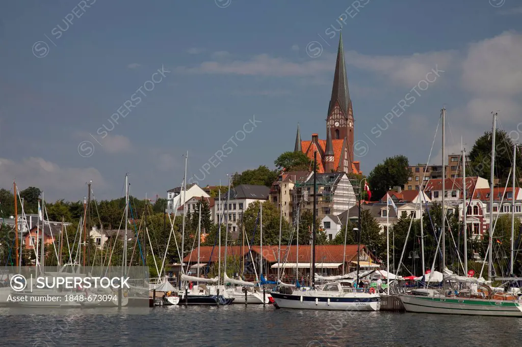 Port with the Church of St. Juergen, Flensburg, Flensburg Fjord, Schleswig-Holstein, Germany, Europe, PublicGround
