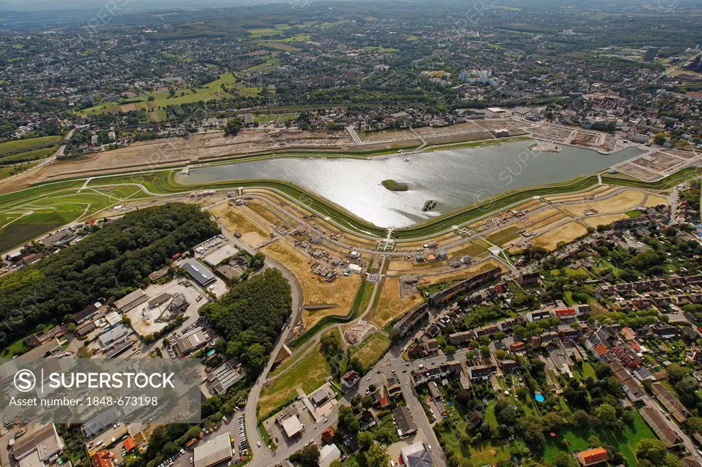 Aerial view, Phoenix-See, an artificial lake, Dortmund, Ruhr Area, North Rhine-Westphalia, Germany, Europe