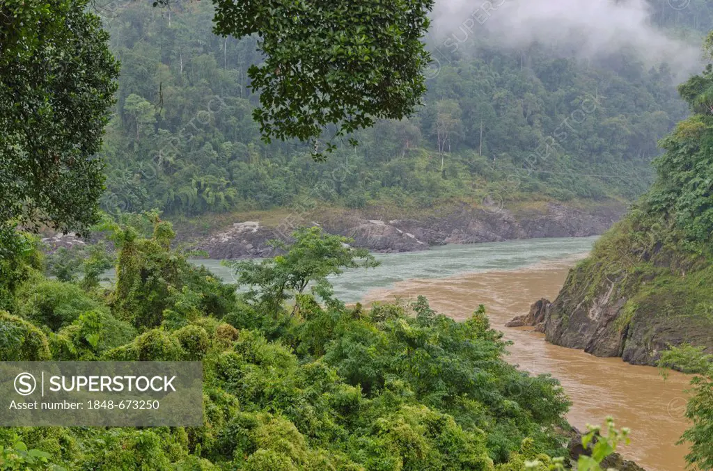 Confluence of the rivers Yomgo and Siang, Sangam, Arunachal Pradesh, India, Asia