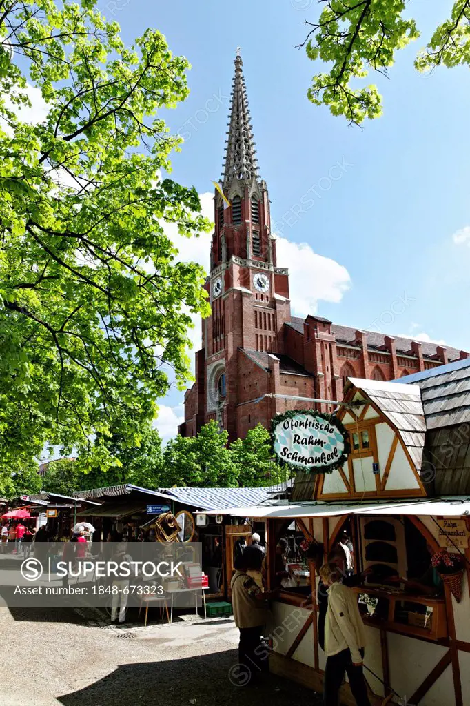 Auer Dult, a traditional annual market, and Mariahilf Church, Munich, Upper Bavaria, Germany, Europe