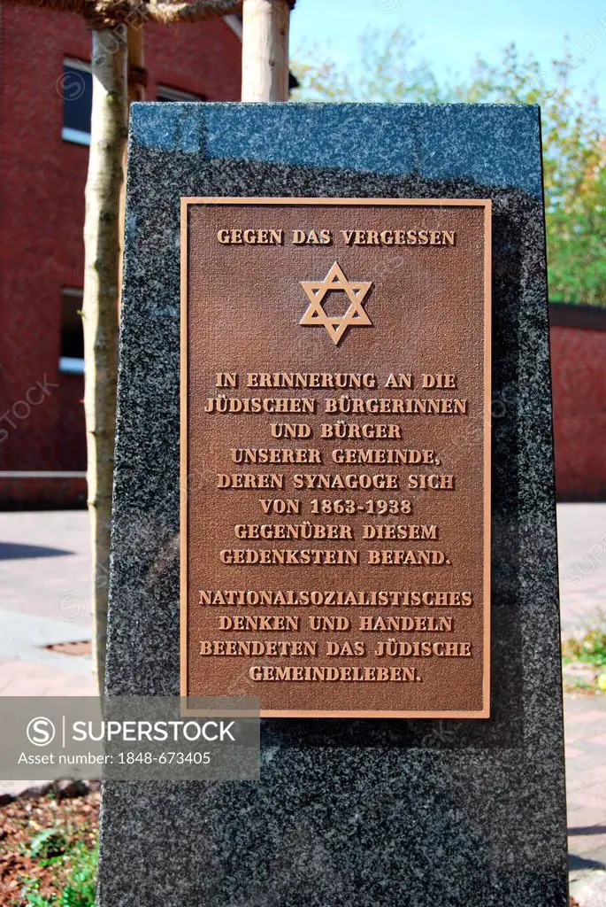 Against forgetting, memorial stone with David star, Gross Reken, Reken, Hohe Mark, Muensterland region, North Rhine-Westphalia, Germany, Europe