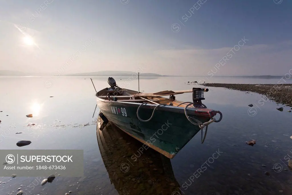 Fishing boat on the shores of Lake Constance near Reichenau island, Baden-Wuerttemberg, Germany, Europe