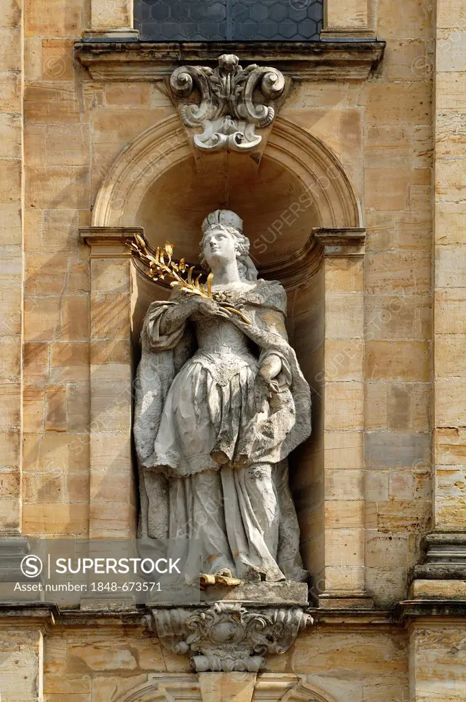 Statue of Empress Saint Cunigunde of Luxembourg, 980 - 1033, on the main facade of the Baroque Basilica Goessweinstein, consecrated in 1739, architect...