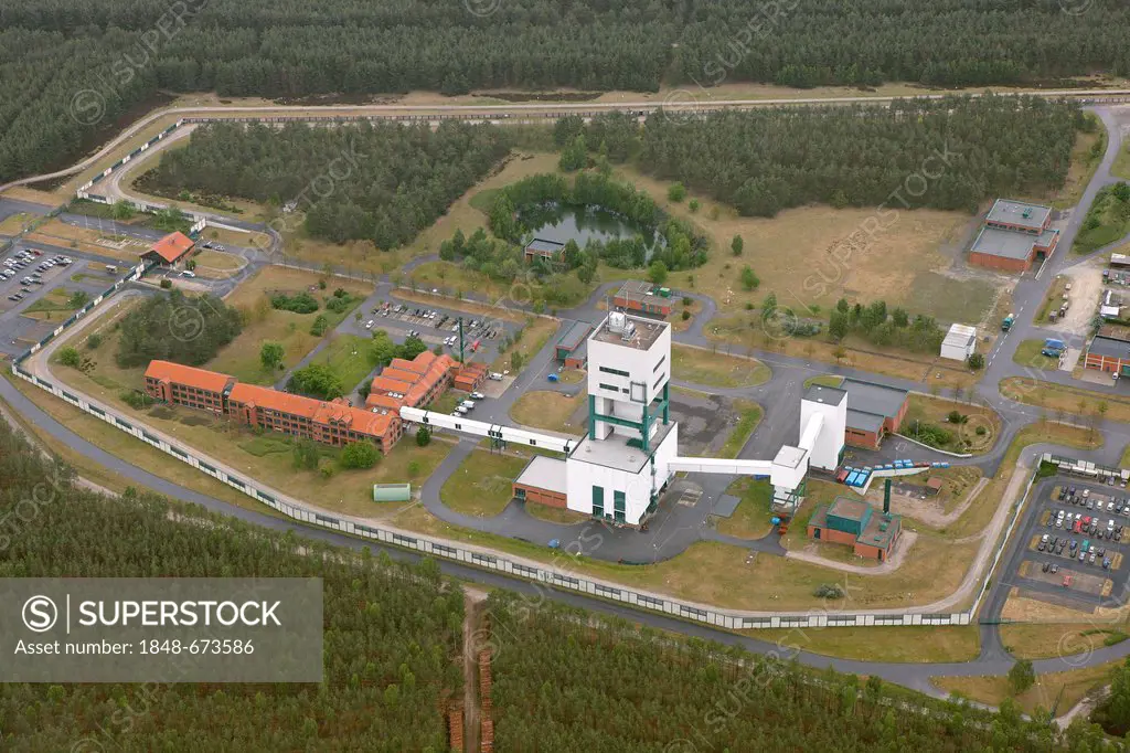 Aerial view, nuclear castor storage, nuclear repository, nuclear disposal facility, a former salt mine, Elbe, Luechow-Dannenberg, Lower Saxony, German...