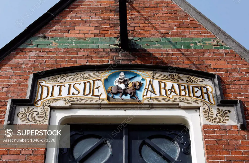 House sign with riding Bedouin, Arab, Azijnfabriek, former vinegar factory in the Art Nouveau style, Pijpstraat, Middelburg, Walcheren, Zeeland, Holla...