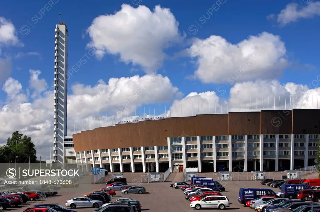 Tower and Olympic Stadium, above white cumulus clouds, Helsinki, Finland, Europe