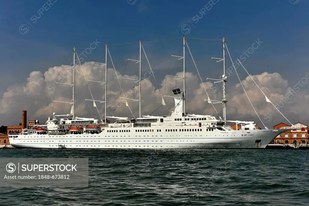 Wind Surf, a cruise ship built in 1990, 188m, 312 passengers, leaving the harbour, Venice, Veneto region, Italy, Europe