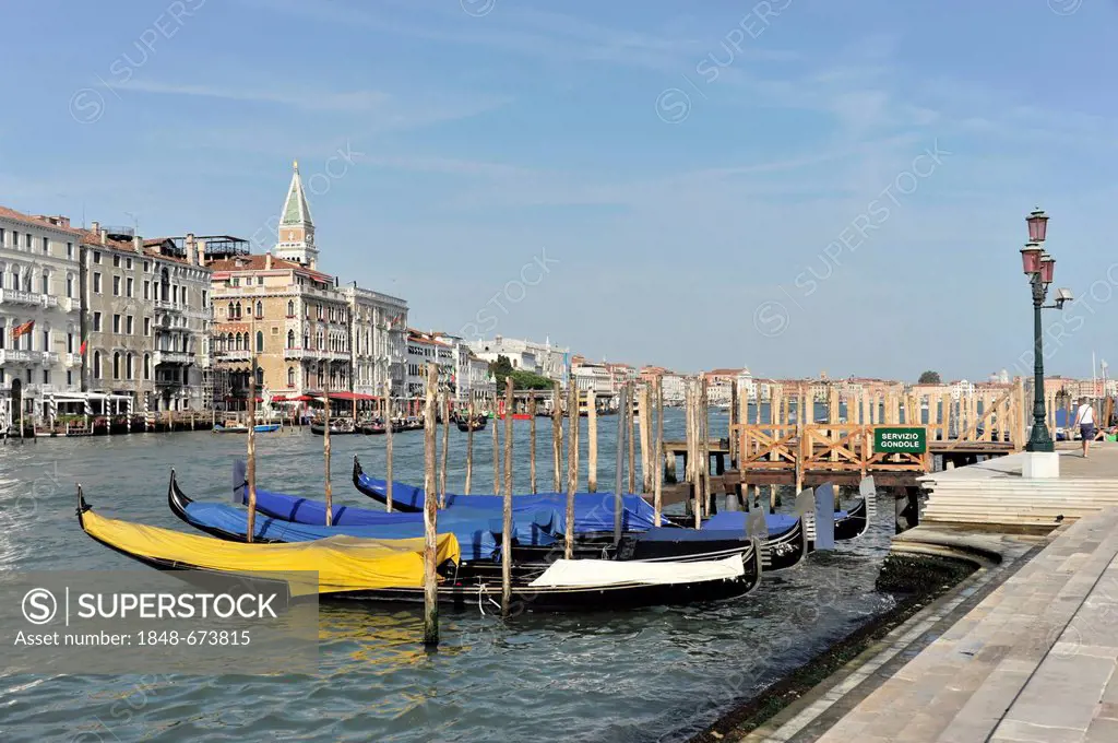 Gondolas, square, Basilica of St Mary of Health, Church of Santa Maria della Salute on the Grand Canal, Venice, Veneto region, Italy, Europe