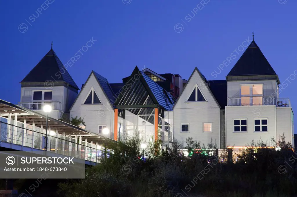 Buildings near the pier at dusk, magic hour, seaside resort of Heringsdorf, Usedom island, Baltic Sea, Mecklenburg-Western Pomerania, Germany, Europe