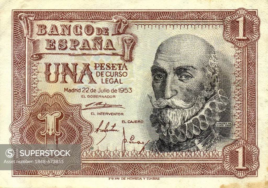 Banknote from Spain, 1 Peseta, Álvaro de Bazán, Spanish fleet commander, Capitán General de la Mar Océano and Marqués de Santa Cruz, 1953