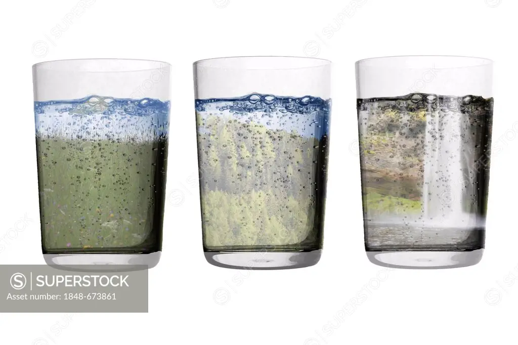 Illustration, three glasses of water, symbolic image for nature