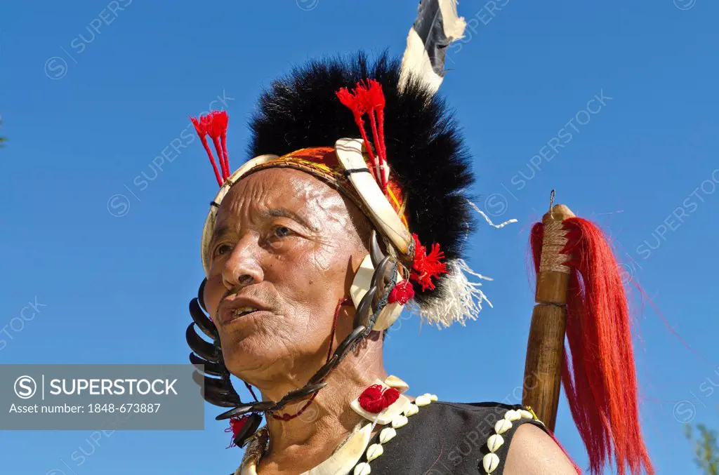Khamnungma warrior in full gear at the annual Hornbill Festival, Kohima, Nagaland, India, Asia