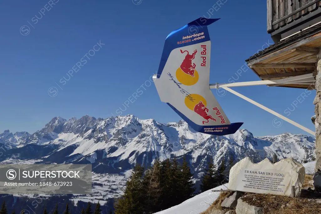 Panoramic views of Dachstein massif, Dachstein Suedwand, memorial stone for Felix Baumgartner whose practice area this is, BASE jumper, Schladming, St...