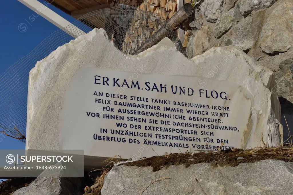 Memorial stone, practice area of Felix Baumgartner, BASE jumper, Schladming, Styria, Austria, Europe