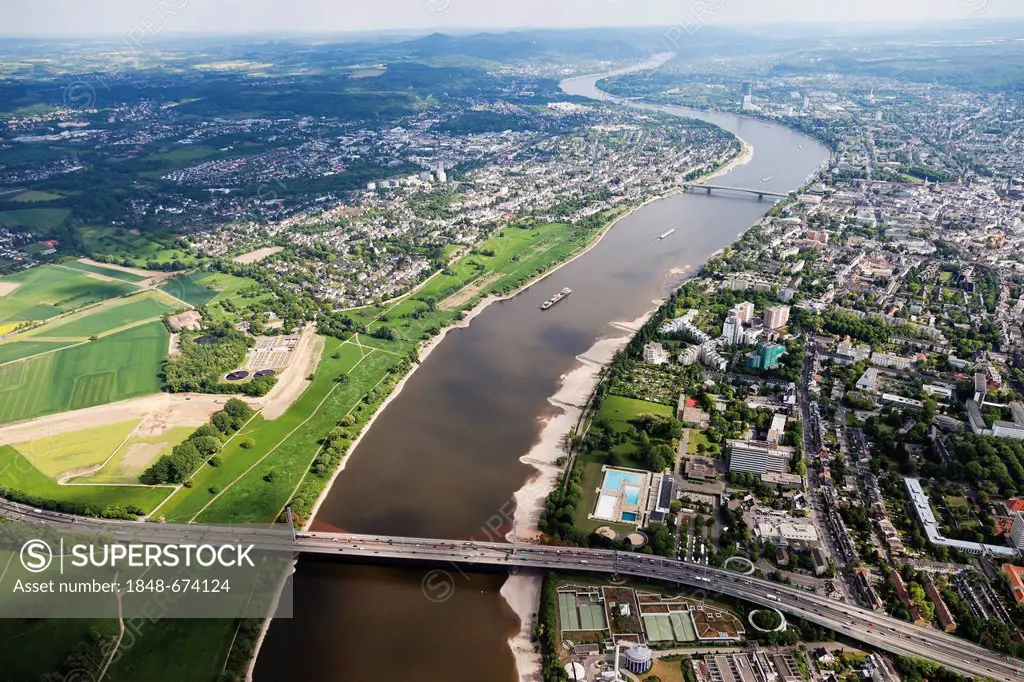 Aerial view, Bonn, highway bridge, Friedrich-Ebert-Bruecke, looking towards the south up the river Rhine, Rhineland, North Rhine-Westphalia, Germany, ...