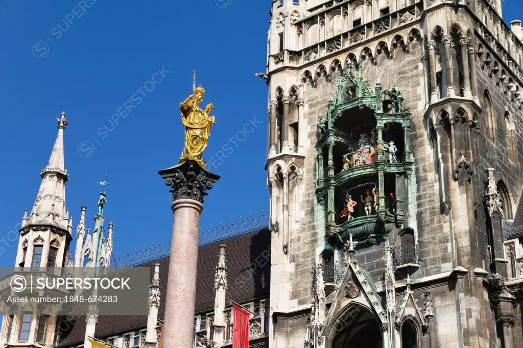 Marienplatz square with City Hall, Glockenspiel and Marian Column, Munich, Upper Bavaria, Bavaria, Germany, Europe