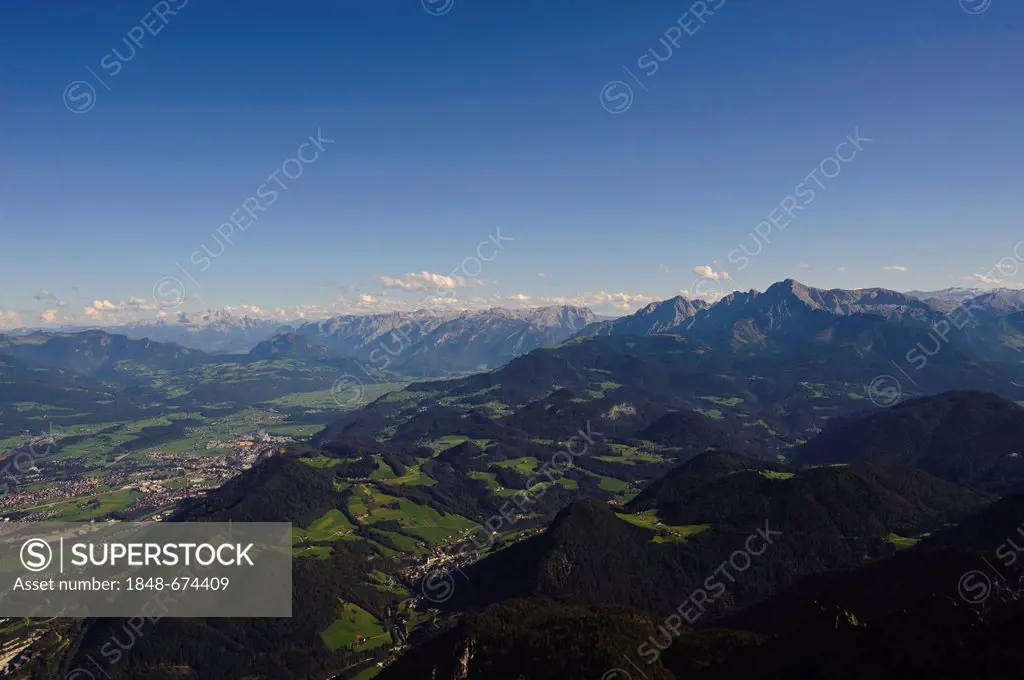 Panoramic view as seen from Untersberg, with Salzachtal valley, Hoher Dachstein mountain, Tennengebirge mountain range, Goellgruppe mountain group and...