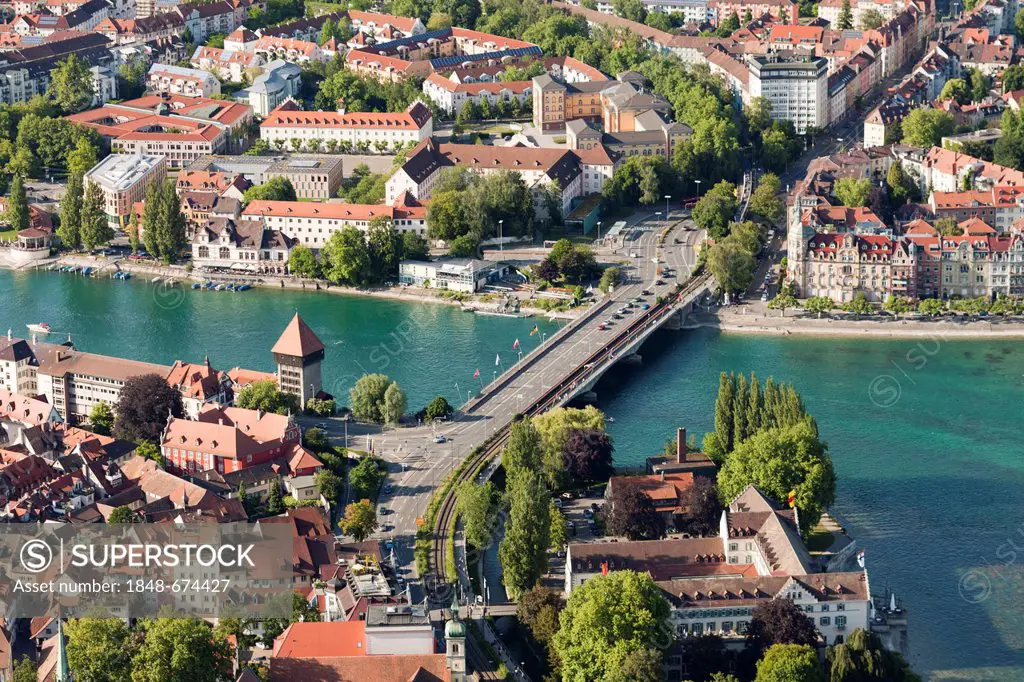 Aerial view, historic town centre of Constance with the Rheintorturm gate tower, a former Dominican Monastery and the Archaeological Museum, Lake Cons...