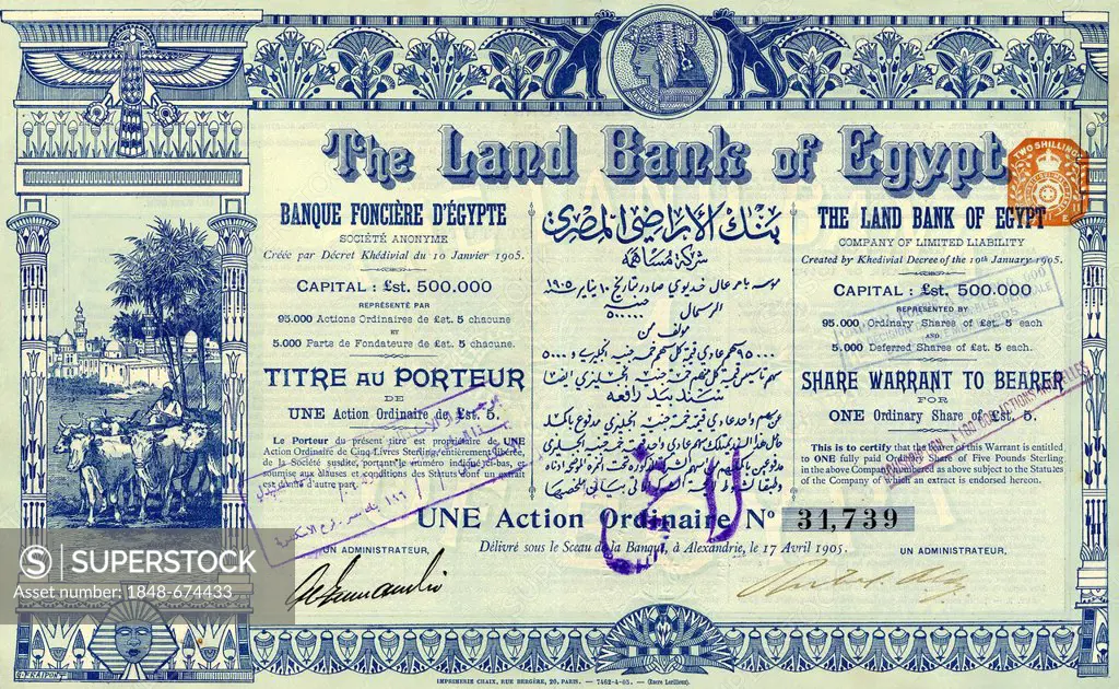 Historic stock certificate, share, image of cows in front of an Arabic city with minarets, Egyptian ornaments, The Land Bank of Egypt, 1905, Alexandri...