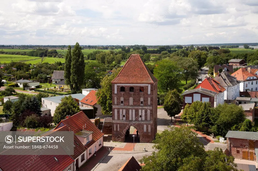 View from the tower of St. Mary's Church, Anklamer Tor gate, town of Usedom, Usedom Island, Mecklenburg-Western Pomerania, Baltic Sea, Germany, Europe