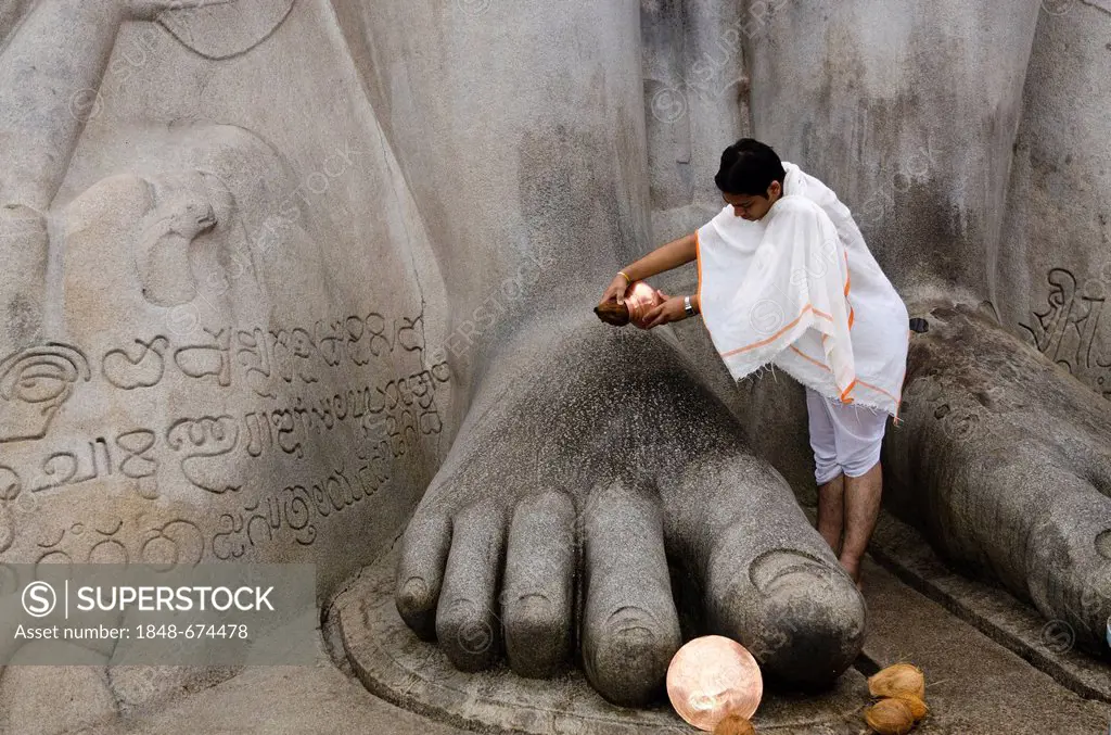 A Jain pilgrim is pouring water over the feet of the statue of Lord Gomateshwara, the tallest monolithic statue in the world, dedicated to Lord Bahuba...