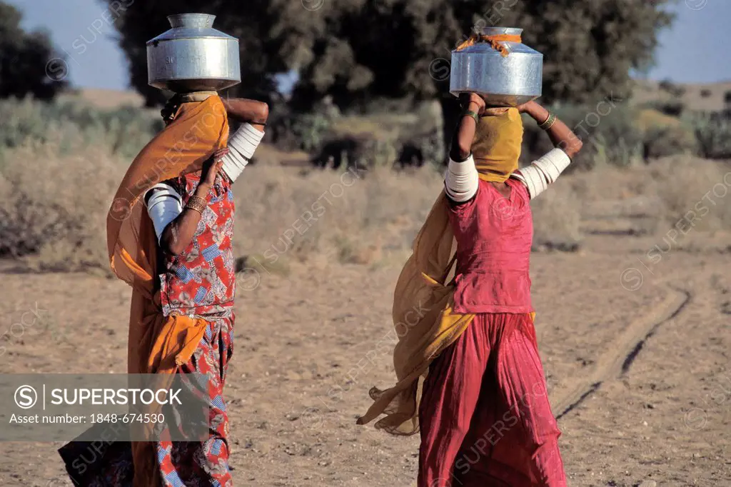 Women with veils over their faces carrying water containers on their heads, near Jaisalmer, Rajasthan, North India, India, Asia