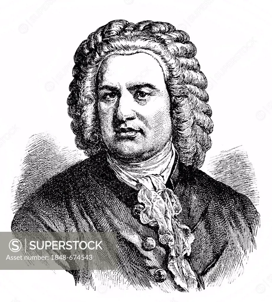 Historical drawing from the 19th Century, portait of Johann Sebastian Bach, 1685-1750, German composer and organ and piano virtuoso of the Baroque