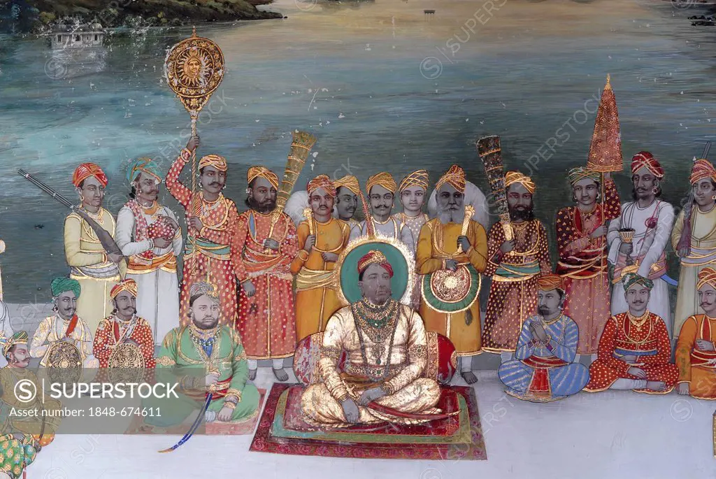 Maharaja of Dungarpur giving an audience with his entourage, Juna Mahal, ancient palace of Dungarpur, Rajasthan, India, Asia