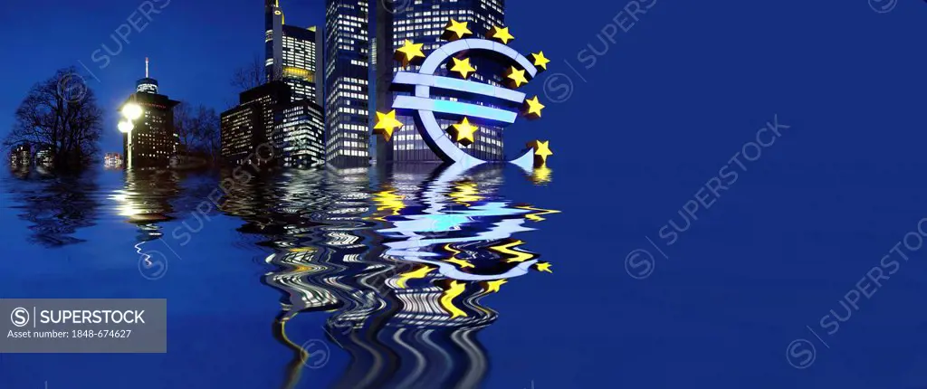 Symbolic image for a sinking euro, euro sign, ECB, European Central Bank, Frankfurt am Main, Hesse, Germany, Europe
