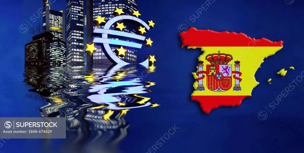 Symbolic image for a sinking euro, Spain, Spanish flag, euro sign, ECB, European Central Bank, Frankfurt am Main, Hesse, Germany, EuropeEurope