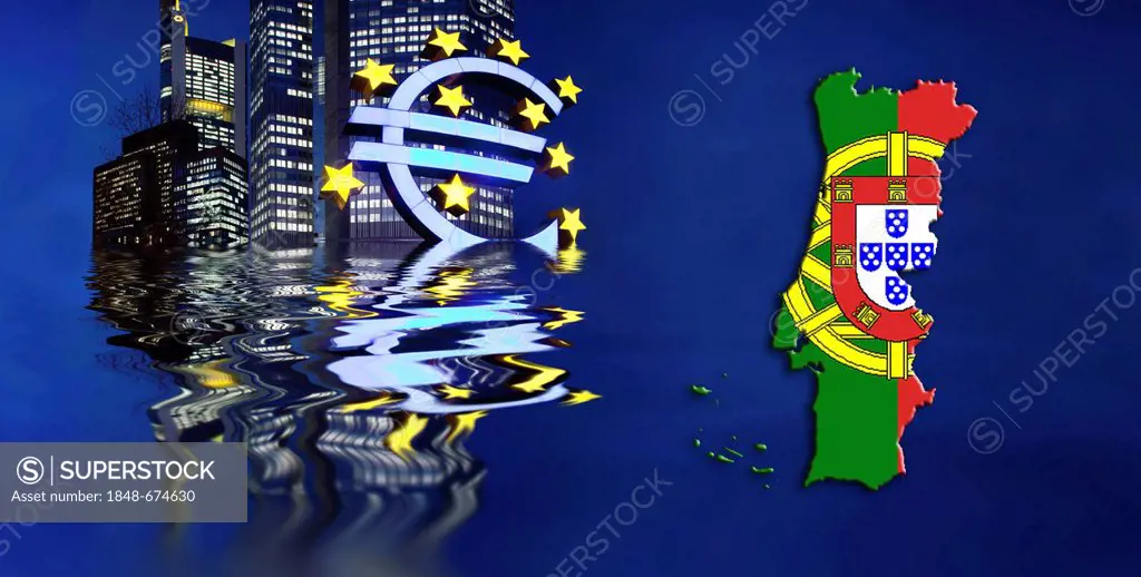 Symbolic image for a sinking euro, Portugal, Portuguese flag, euro sign, ECB, European Central Bank, Frankfurt am Main, Hesse, Germany, EuropeEurope