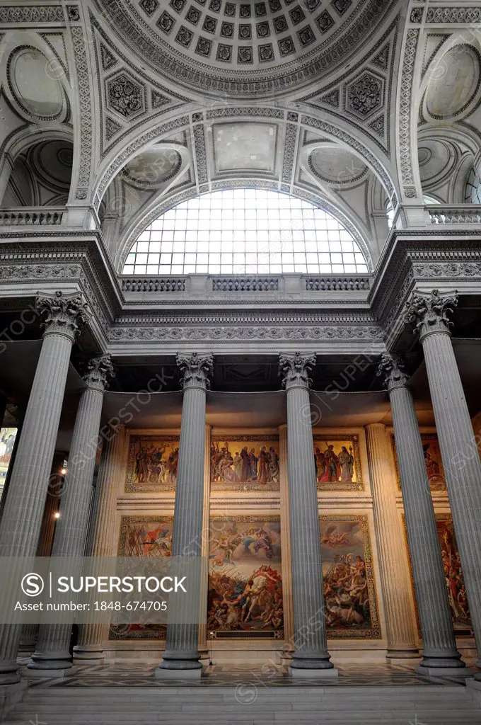 Interior with wall paintings, Panthéon, a mausoleum for French National heroes, Montagne Sainte-Geneviève, Hill of St. Genevieve, Paris, France, Europ...