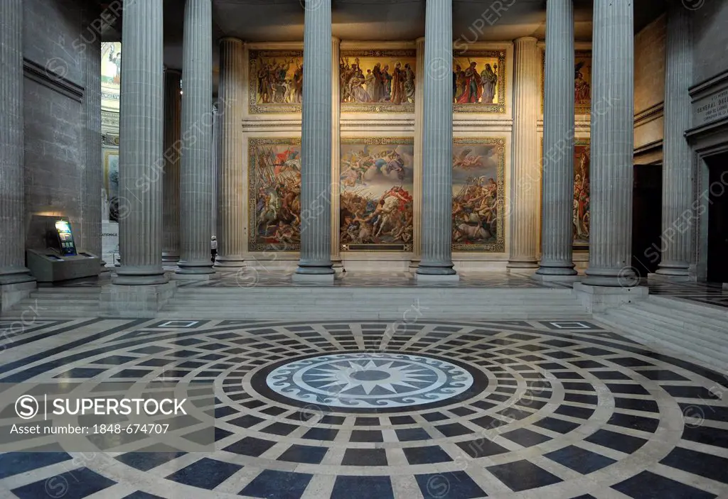 Interior with wall paintings, Panthéon, a mausoleum for French National heroes, Montagne Sainte-Geneviève, Hill of St. Genevieve, Paris, France, Europ...