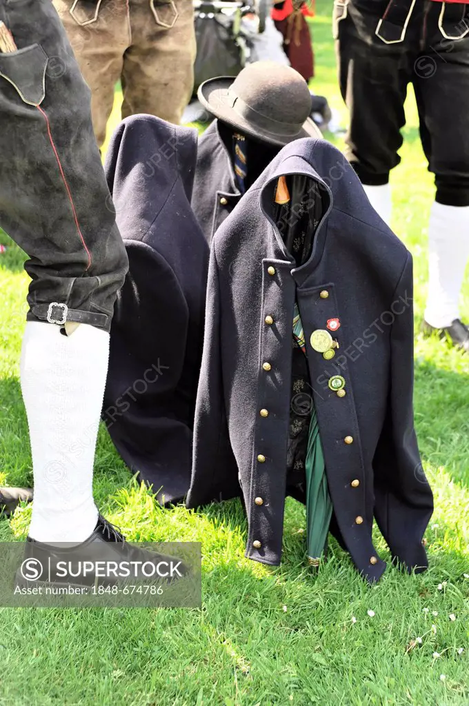 Removed traditional jackets, 1. Internationaler Bodensee-Trachtentag traditional costume festival on 22nd May 2011, Mainau island, Lake Constance, Bad...