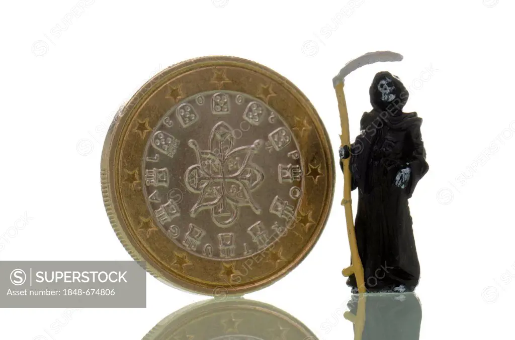 Death is standing next to a Portuguese euro coin, symbolic image for the crisis of the euro