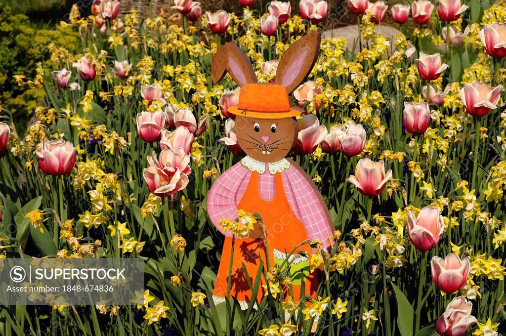 Easter Bunny figure in a flowerbed
