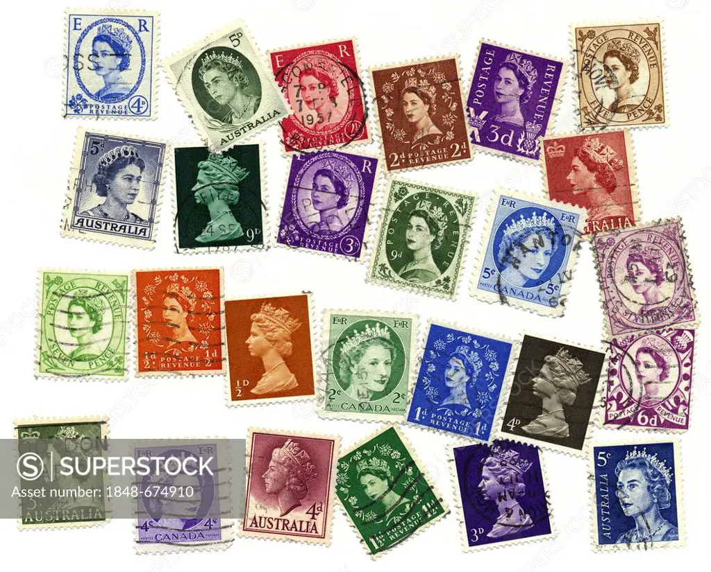 Stamped stamps from Great Britain and the Commonwealth with Queen Elizabeth II of England