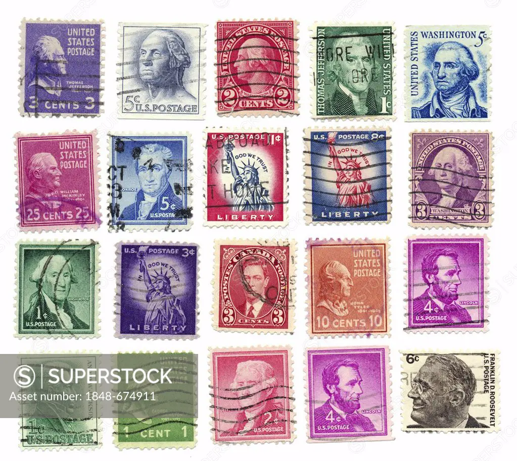 Stamped stamps from the U.S. with presidents and the Statue of Liberty