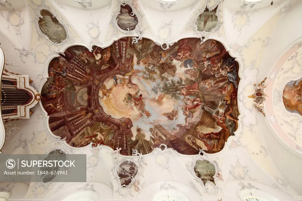 Ceiling freso by Johann Baptist Baader, parish church of St. Johann, former monastery church, Wessobrunn, Pfaffenwinkel, Upper Bavaria, Bavaria, Germa...