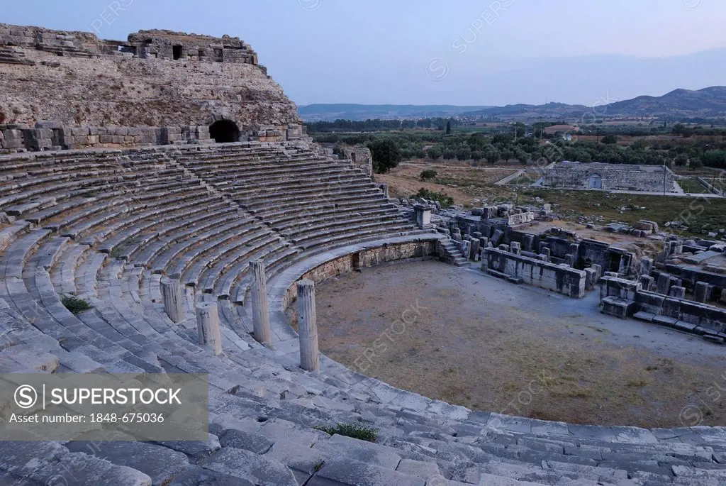 Ruins of Miletus, Greco-Roman amphitheater at dusk, near the village of Balat, Aydin Province, South Aegean coast, southwest Turkey, west coast, weste...