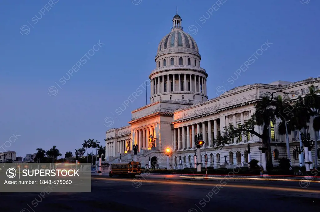 Capitolio, Capitol building, now Academy of Sciences, at dawn, Havana, Cuba, Caribbean