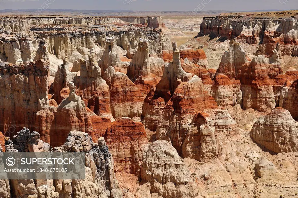 Eroded hoodoos and rock formations in the Coal Mine Canyon, coloured by minerals, Coal Mine Mesa, Painted Desert, Hopi Reservation, Navajo Nation Rese...