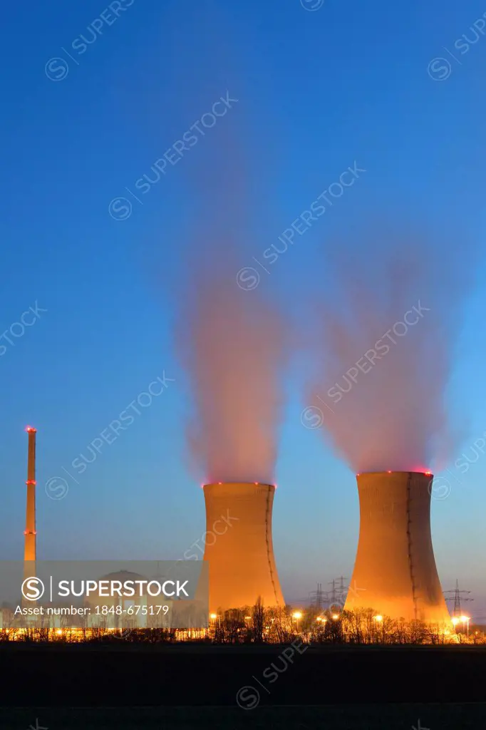 Grafenrheinfeld nuclear power plant operated by E.ON, at dusk, Schweinfurt, Bavaria, Germany, Europe