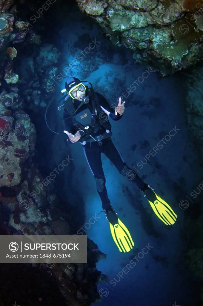 Diver diving in canyon, Dahab, Red Sea, Egypt, Africa