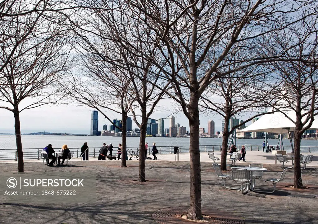 Christopher Street Pier, Hudson River Park, Jersey City at back, New Jersey, Manhattan, New York City, New York, USA