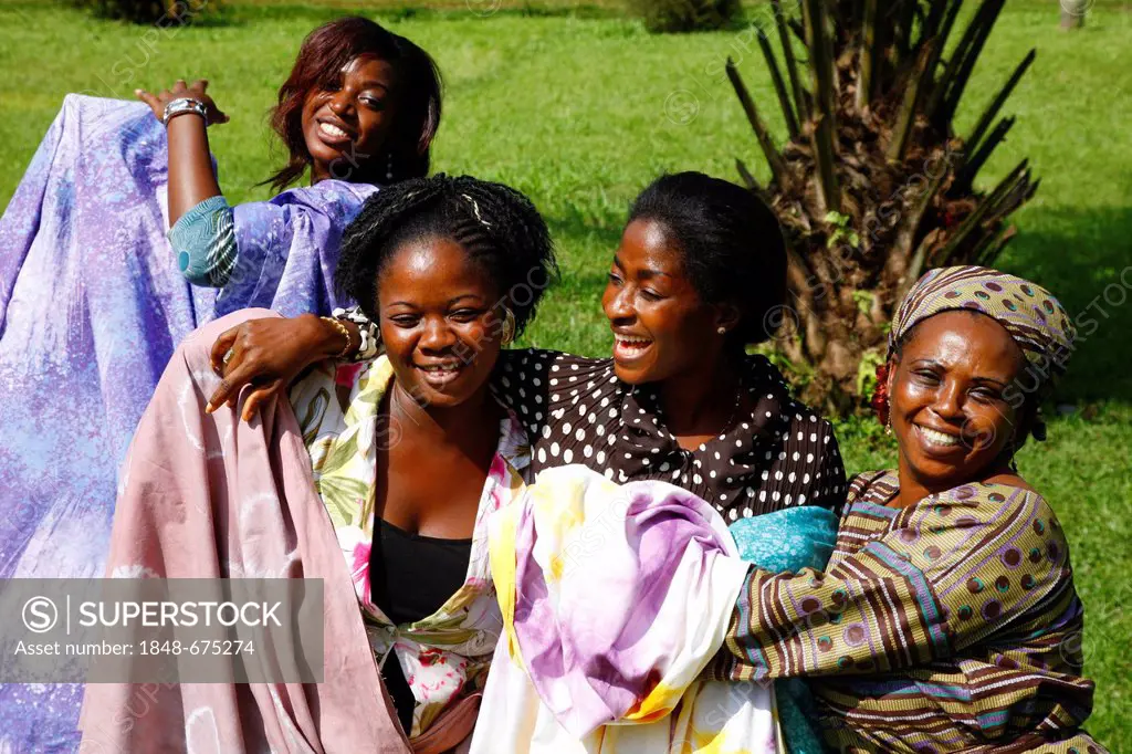 Women with batik fabrics, Kumba, Cameroon, Africa