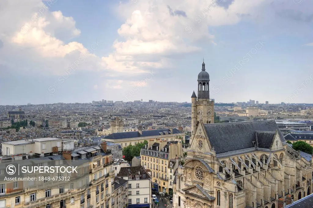 View from an observation platform on the parish church of Saint-Étienne-du-Mont, Montagne Sainte-Geneviève hill, Paris, France, Europe