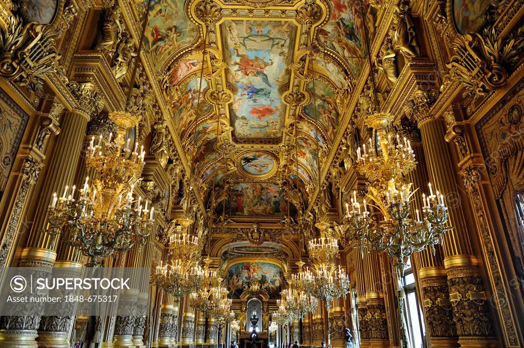 Interior, Grand Foyer with ceiling painting by Paul Baudry with motifs from musical history, Opéra Palais Garnier opera, Paris, France, Europe