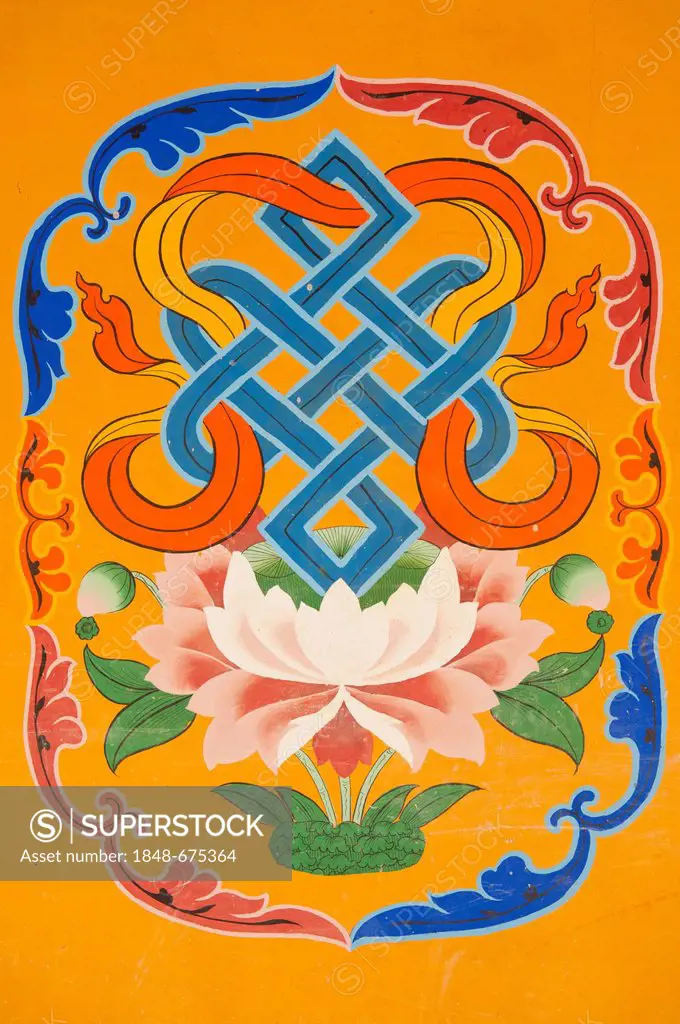 Tibetan Buddhism, mural painting, emblem, endless knot above a lotus blossom, Jokhang Temple, Lhasa, Ue-Tsang, Central Tibet, Tibet Autonomous Region,...