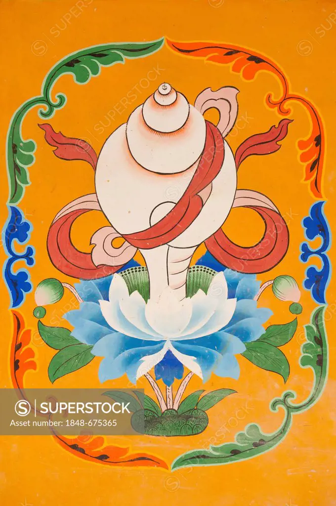 Tibetan Buddhism, mural painting, emblem, Sang snail shell horn above a lotus blossom, Jokhang Temple, Lhasa, Ue-Tsang, Central Tibet, Tibet Autonomou...